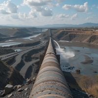 Tailings pipeline transporting slurry to a tailings storage facility with water recovery basin.