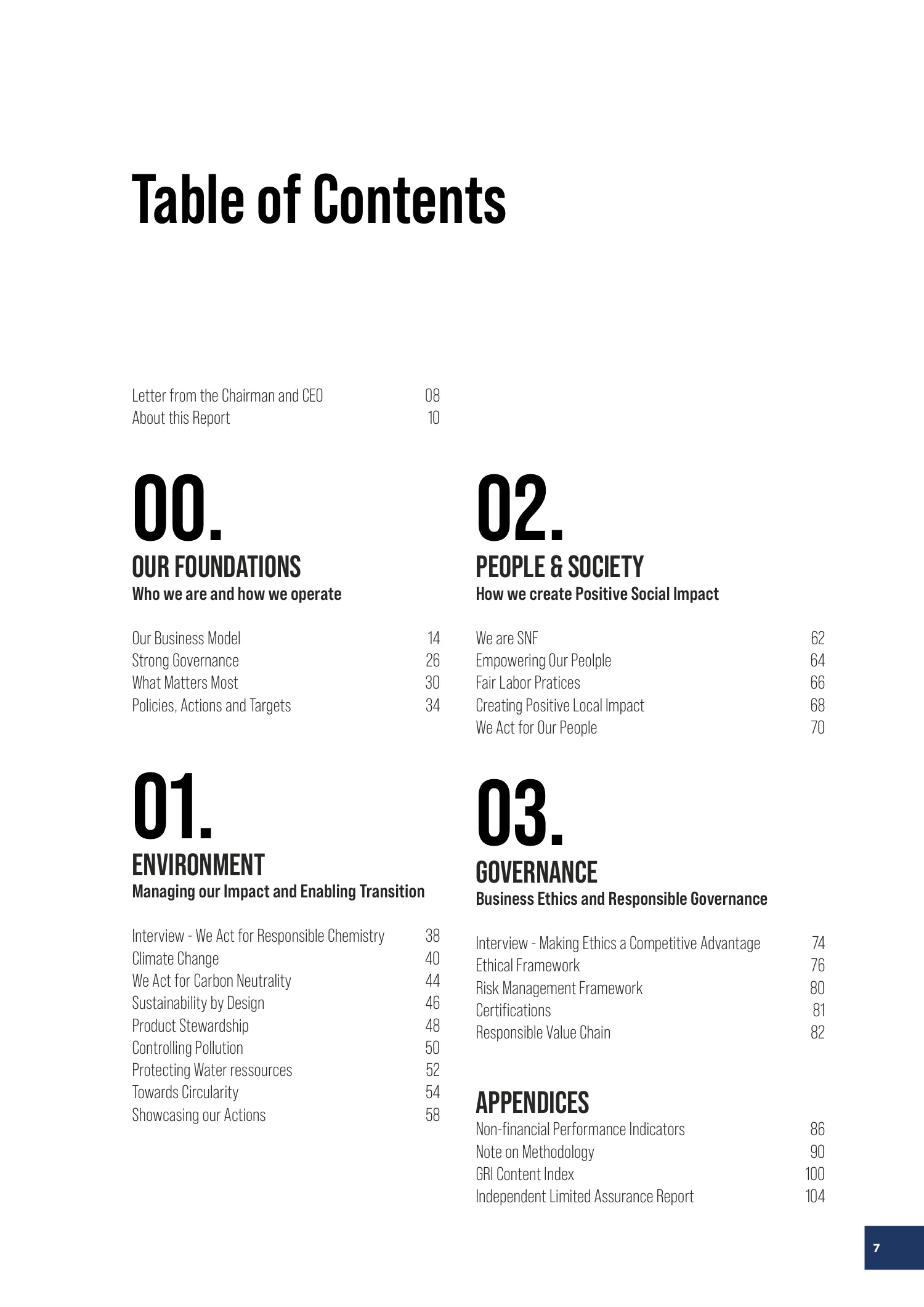 Page 7 of the SNF 2025 ESG Report: Table of Contents