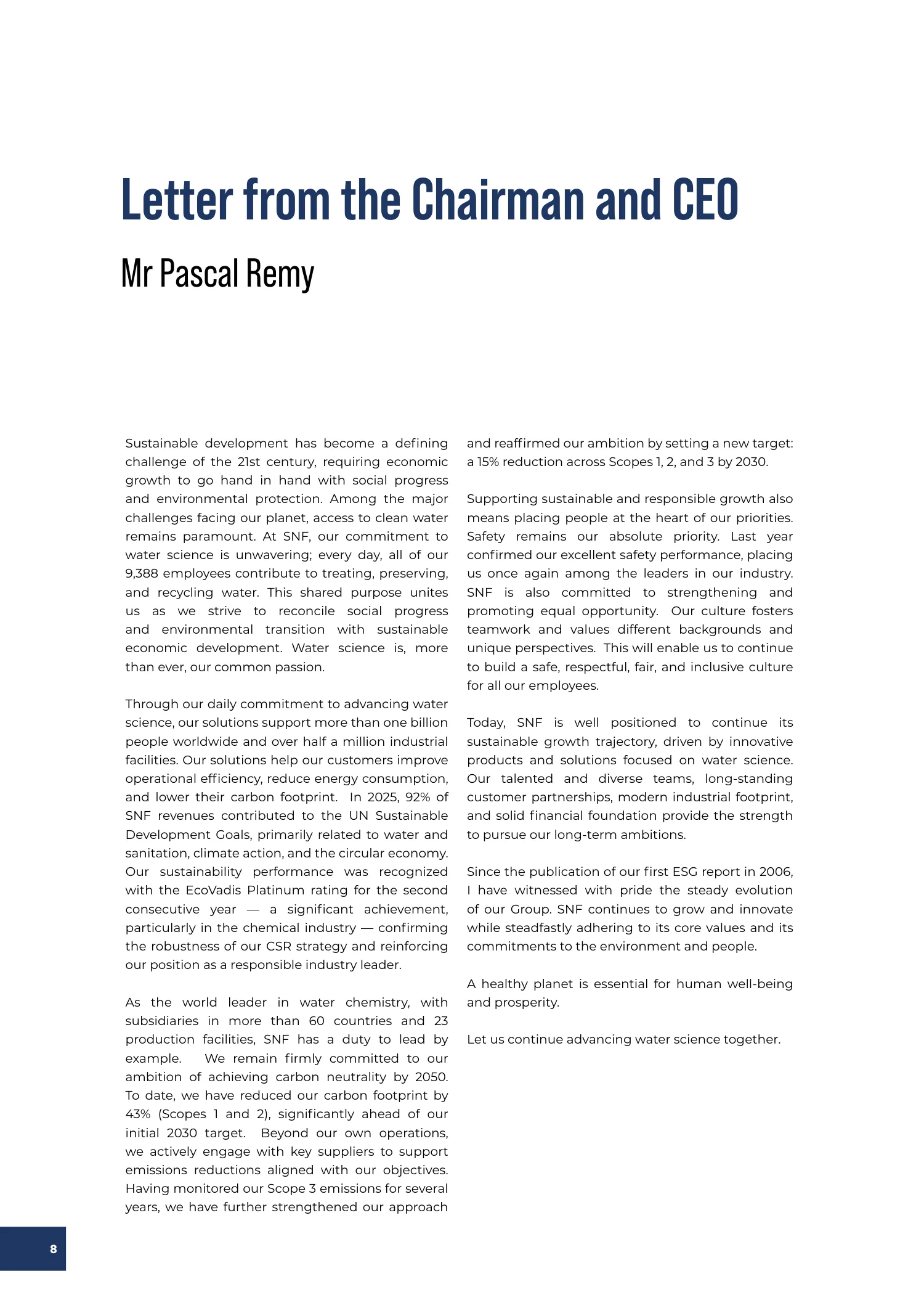 Page 8 of the SNF 2025 ESG Report: Letter from the Chairman and CEO