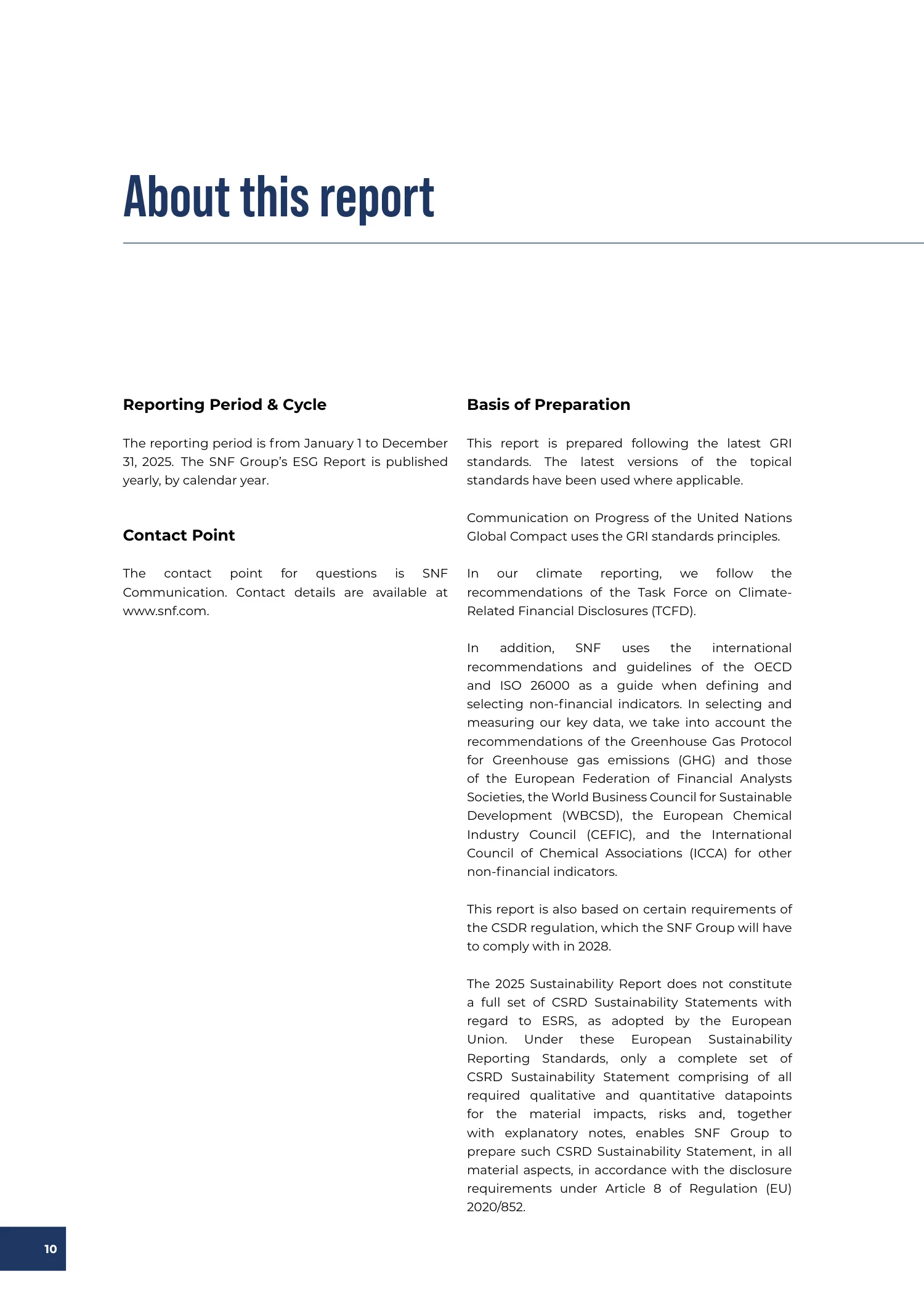 Page 10 of the SNF 2025 ESG Report: About This Report