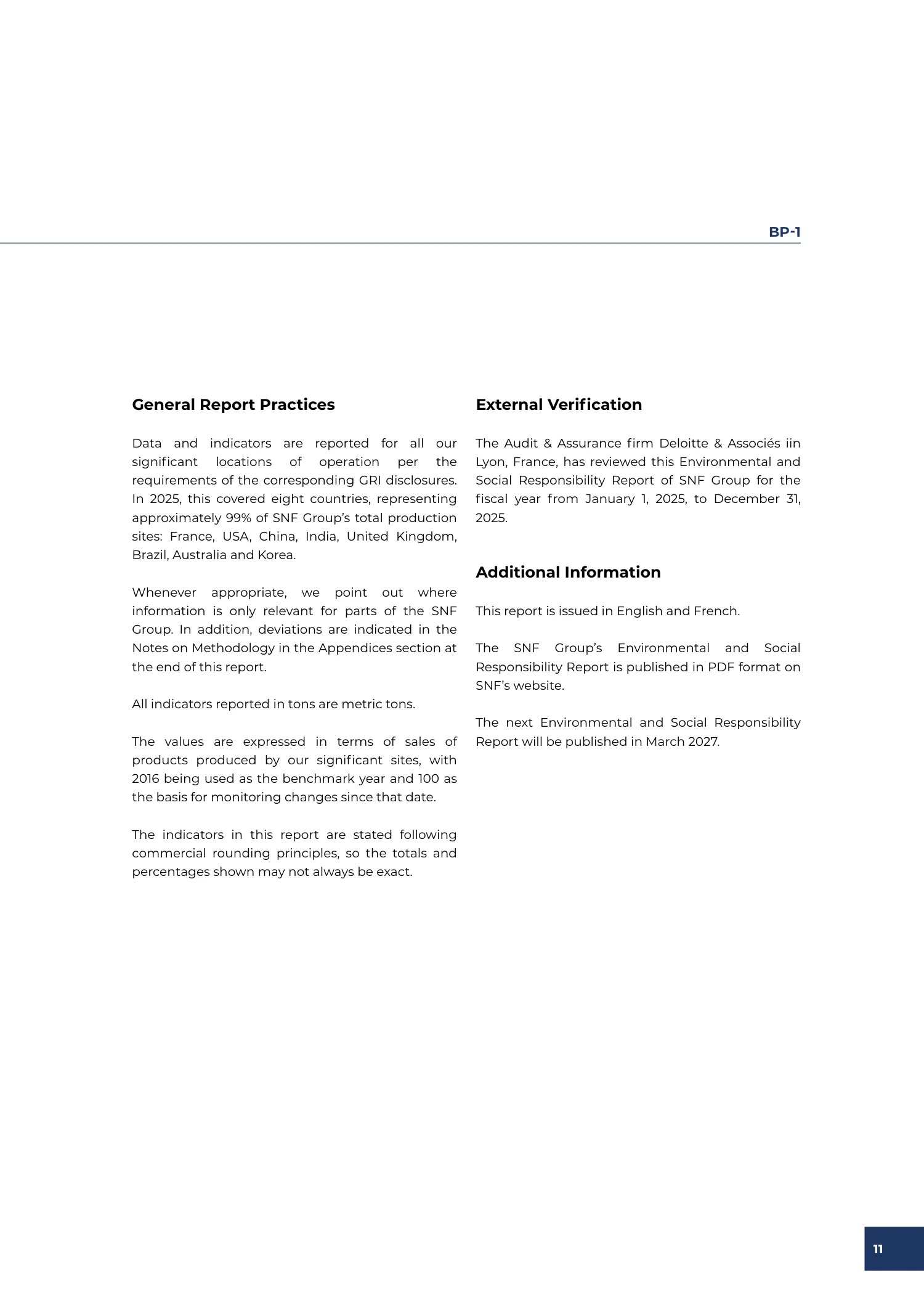 Page 11 of the SNF 2025 ESG Report: About This Report