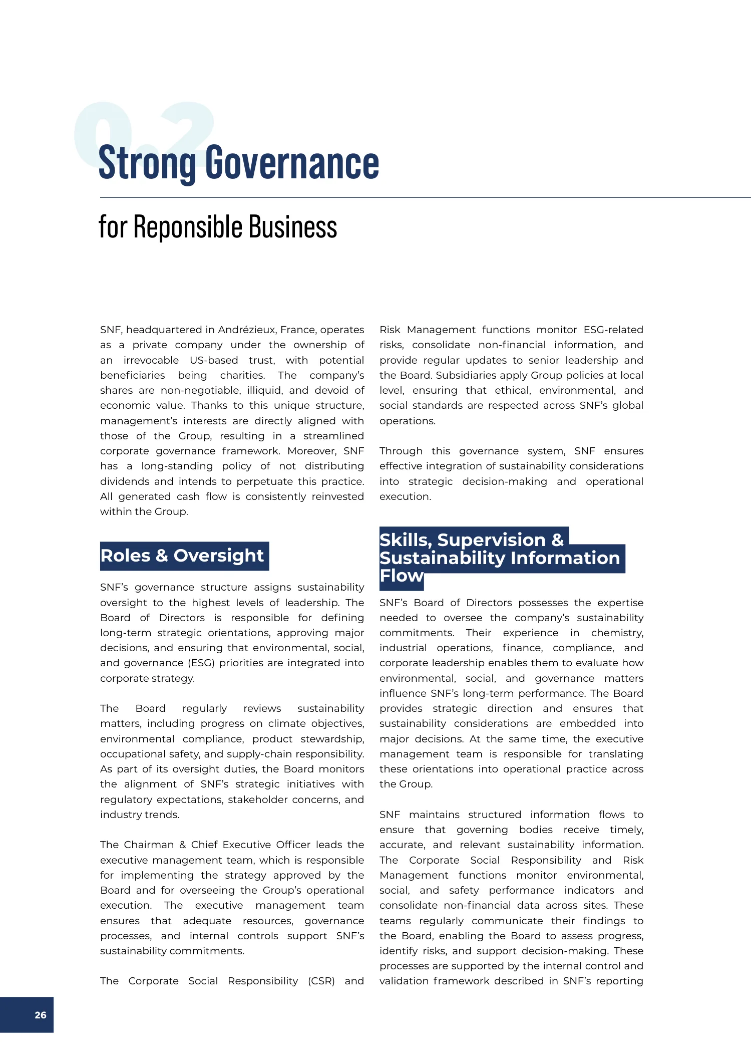 Page 26 of the SNF 2025 ESG Report: 0.2 Strong Governance for Responsible Business