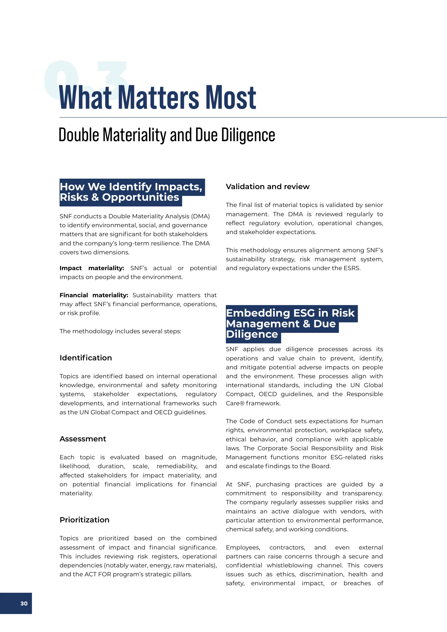 Page 30 of the SNF 2025 ESG Report: 0.3 What Matters Most: Double Materiality and Due Diligence