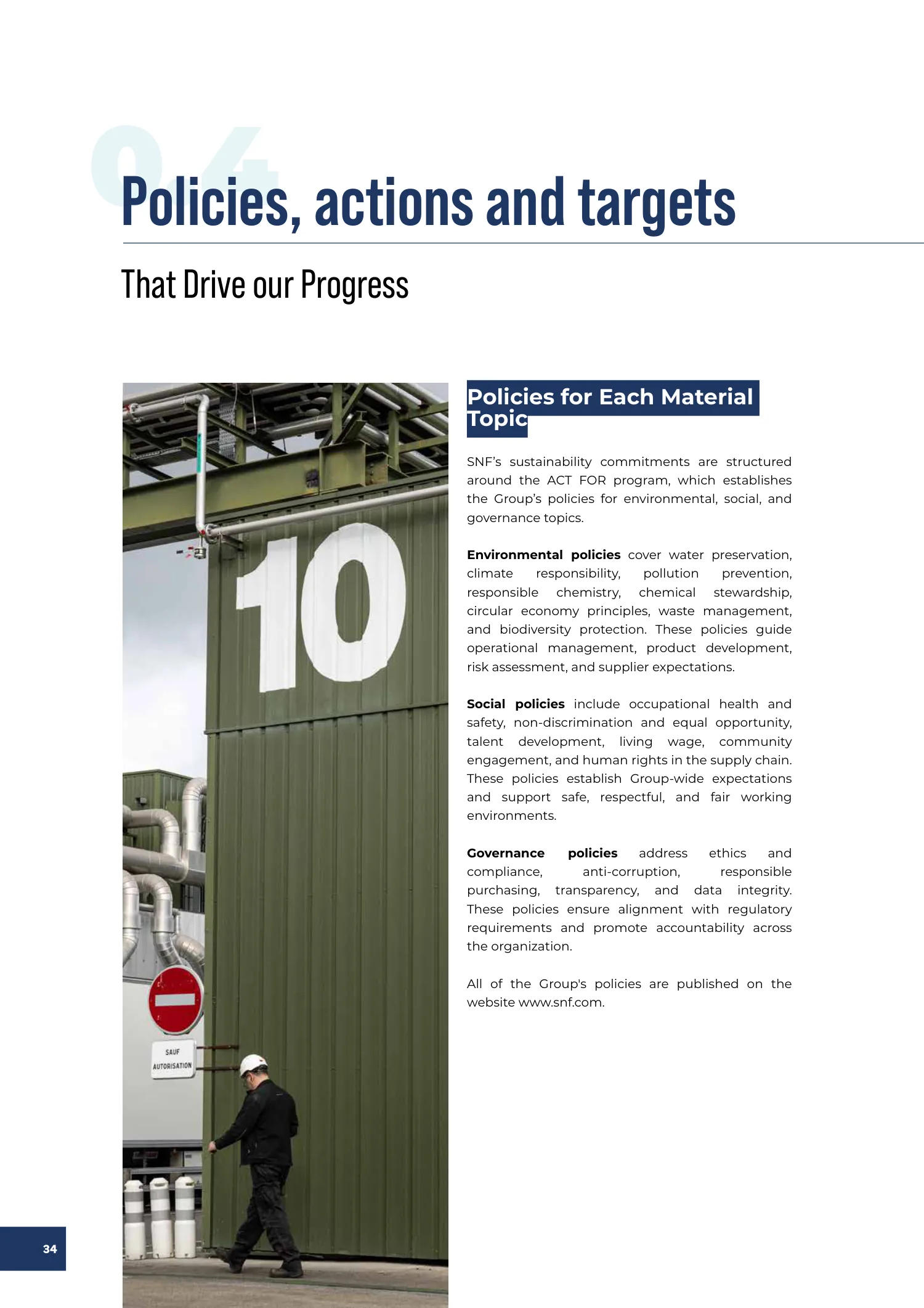 Page 34 of the SNF 2025 ESG Report: 0.4 Policies, Actions, and Targets That Drive Our Progress