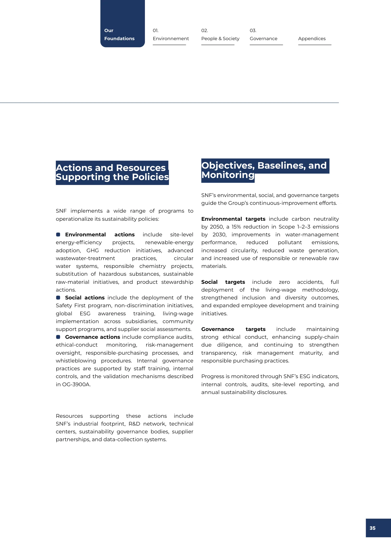 Page 35 of the SNF 2025 ESG Report: 0.4 Policies, Actions, and Targets That Drive Our Progress