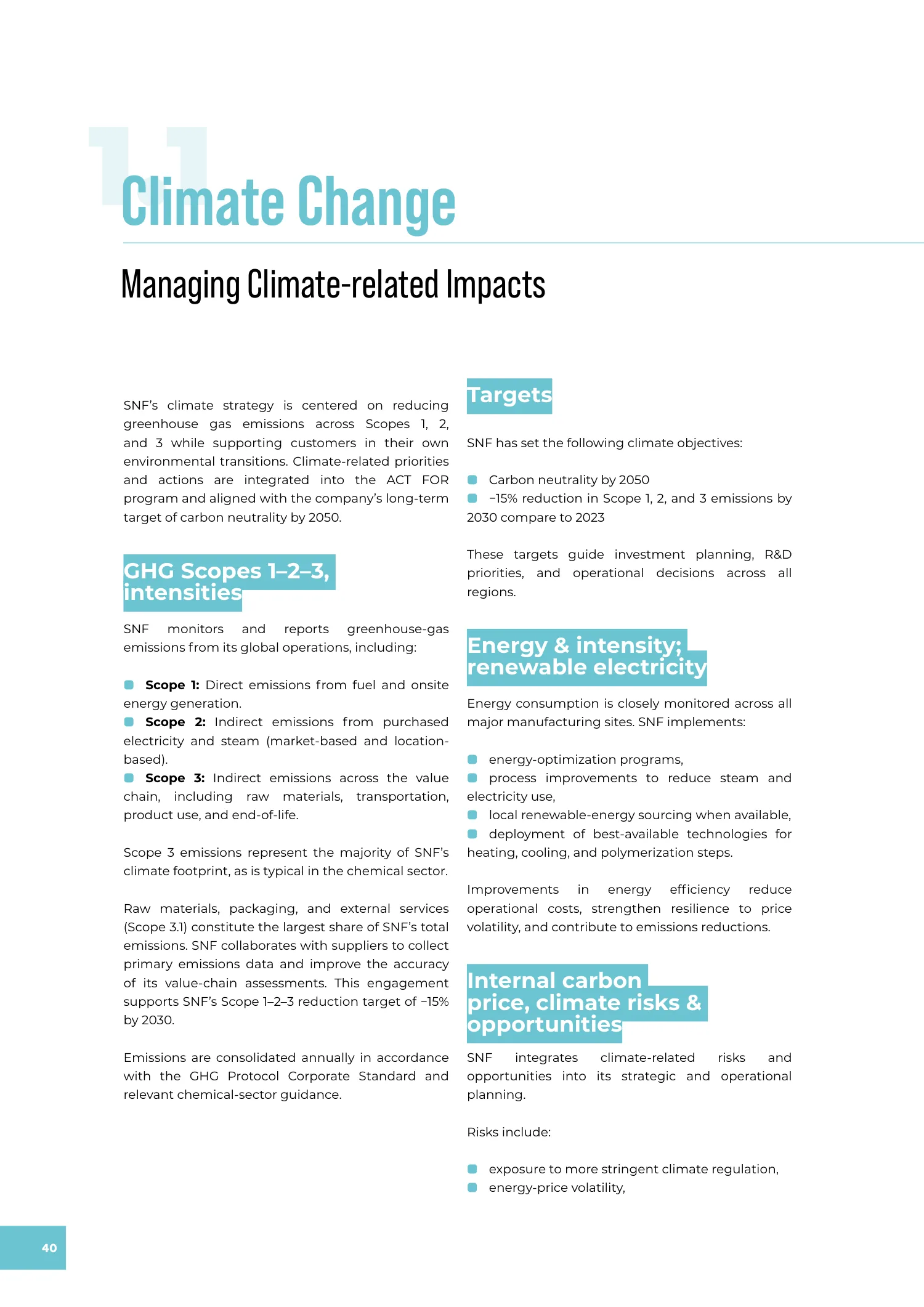 Page 40 of the SNF 2025 ESG Report: 1.1 Climate Change