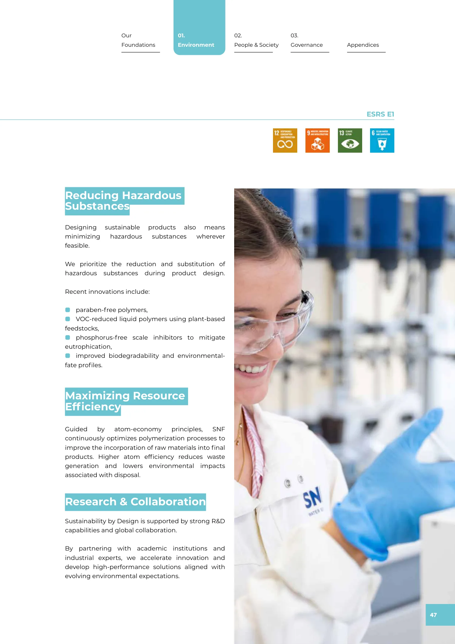 Page 47 of the SNF 2025 ESG Report: 1.2 Sustainability by Design