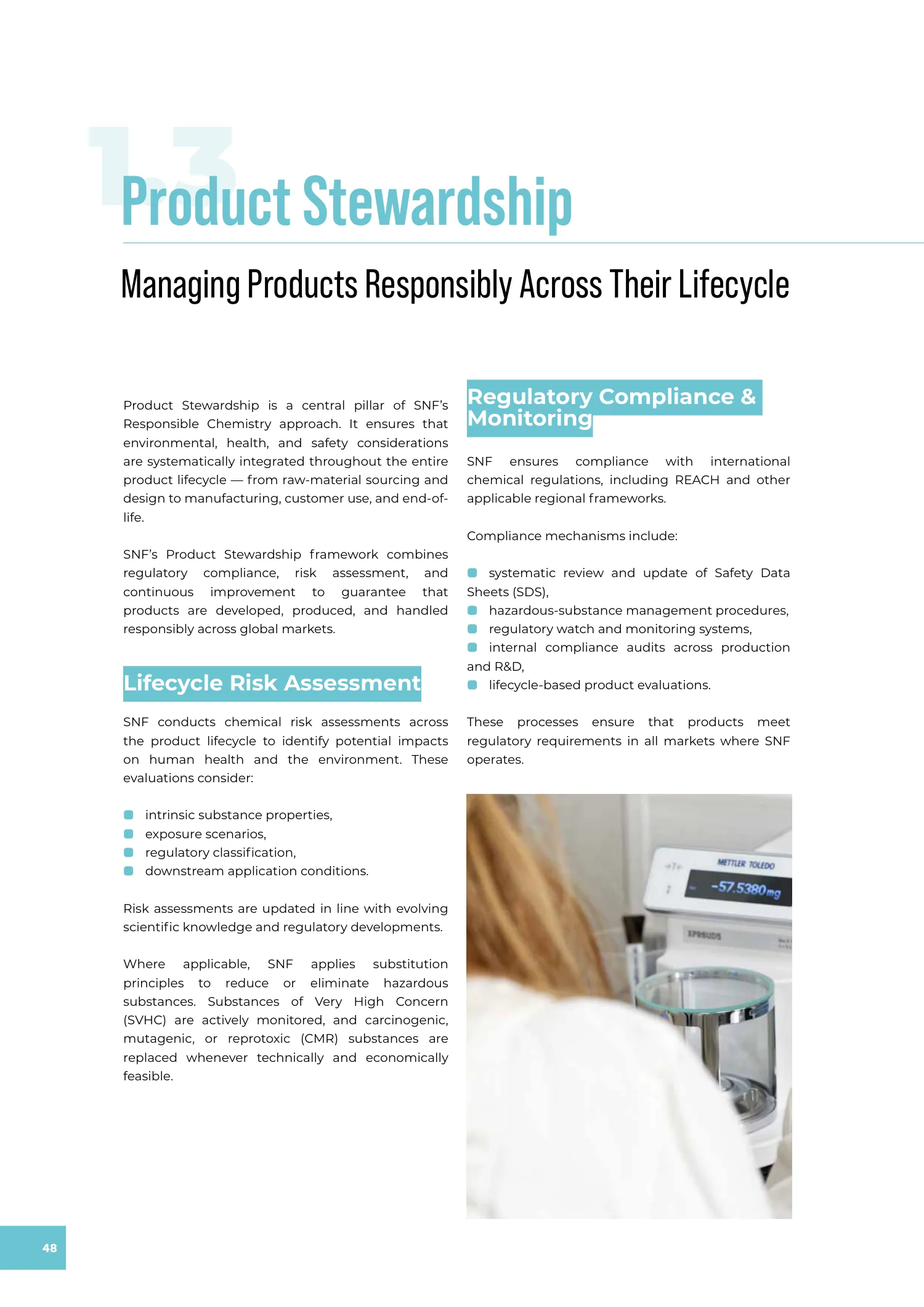 Page 48 of the SNF 2025 ESG Report: 1.3 Product Stewardship