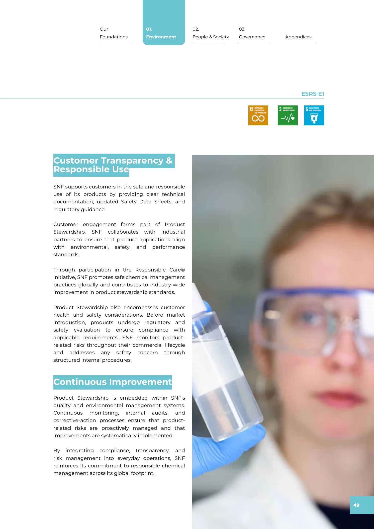 Page 49 of the SNF 2025 ESG Report: 1.3 Product Stewardship