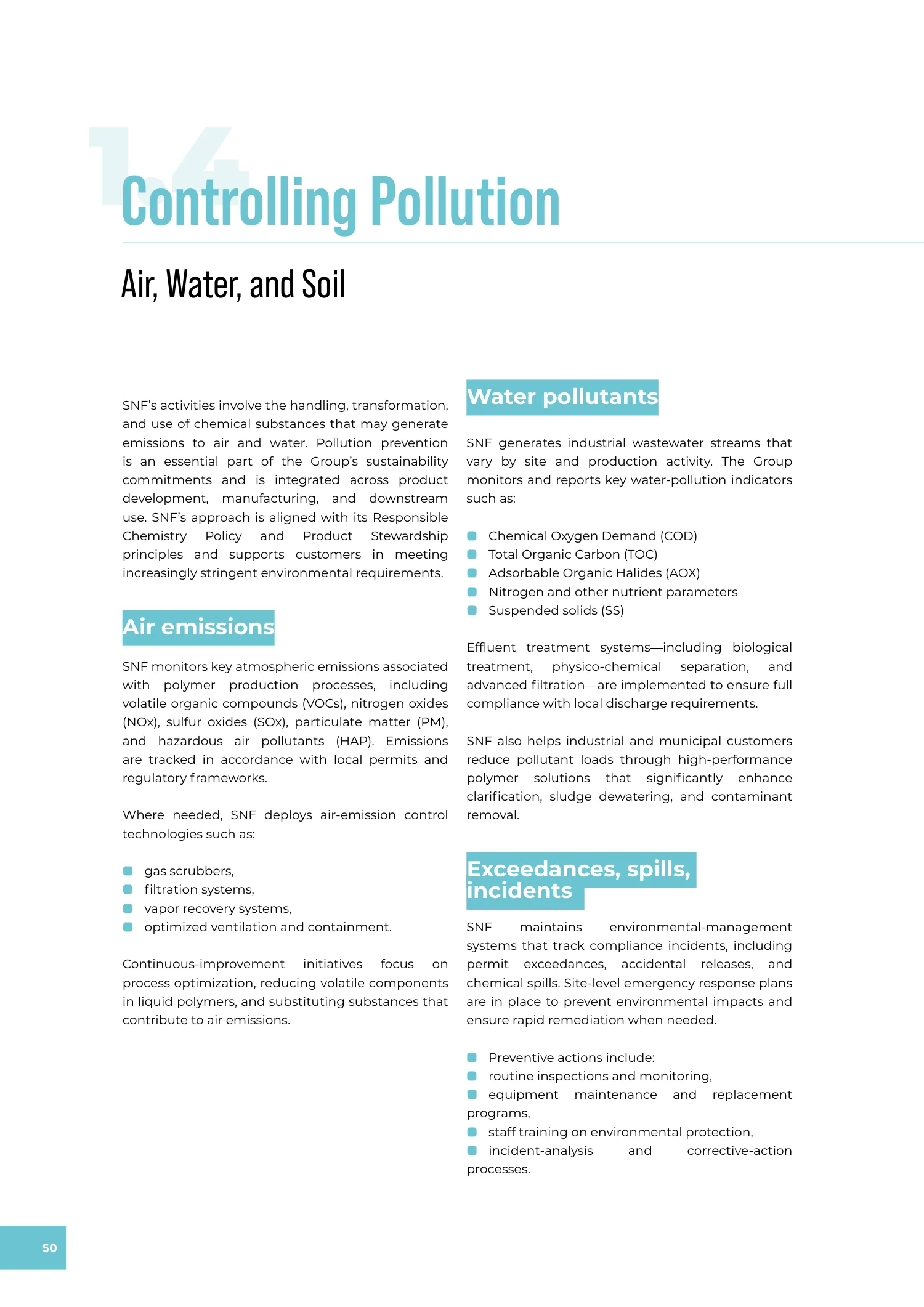 Page 50 of the SNF 2025 ESG Report: 1.4 Controlling Pollution