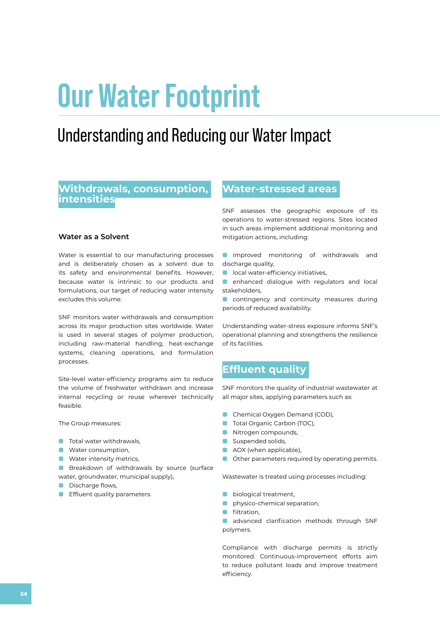 Page 54 of the SNF 2025 ESG Report: Our Water Footprint