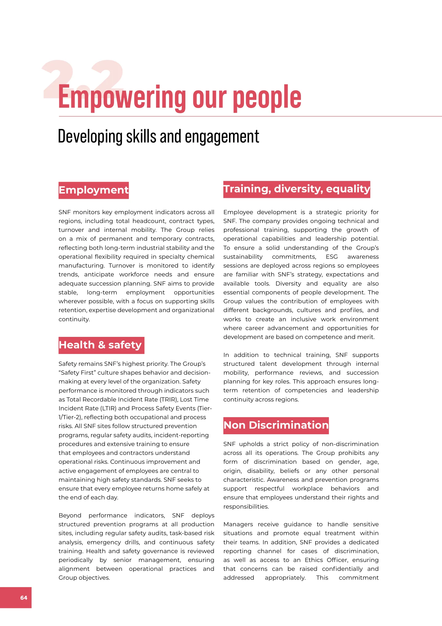 Page 64 of the SNF 2025 ESG Report: 2.2 Empowering Our People