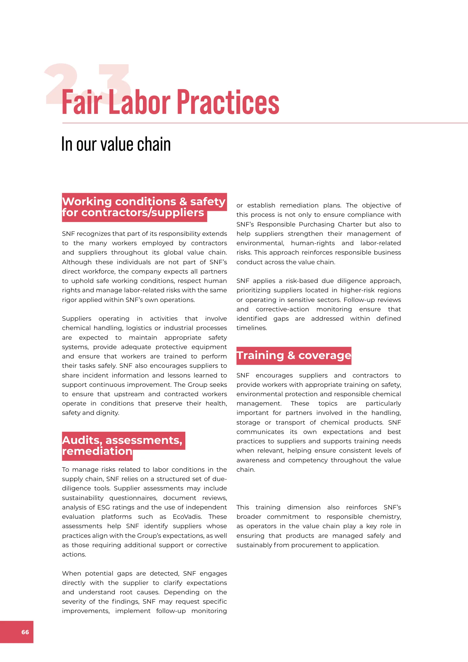Page 66 of the SNF 2025 ESG Report: 2.3 Fair Labor Practices in Our Value Chain