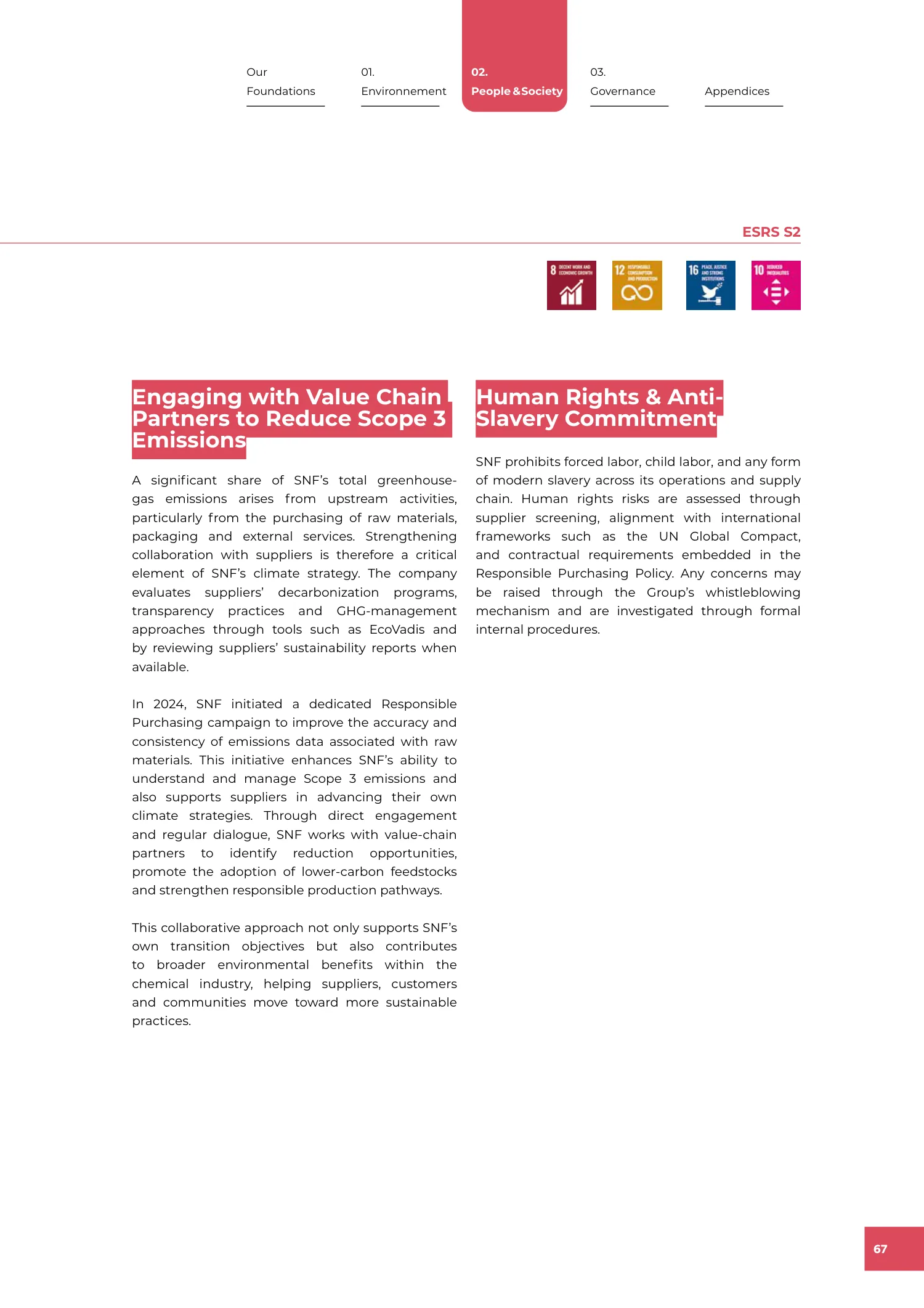 Page 67 of the SNF 2025 ESG Report: 2.3 Fair Labor Practices in Our Value Chain