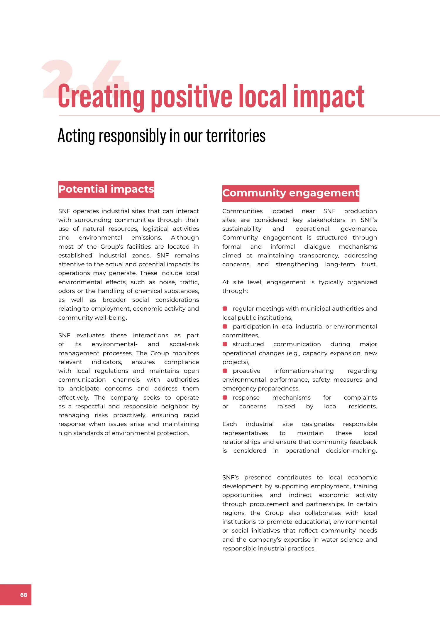 Page 68 of the SNF 2025 ESG Report: 2.4 Creating Positive Local Impact