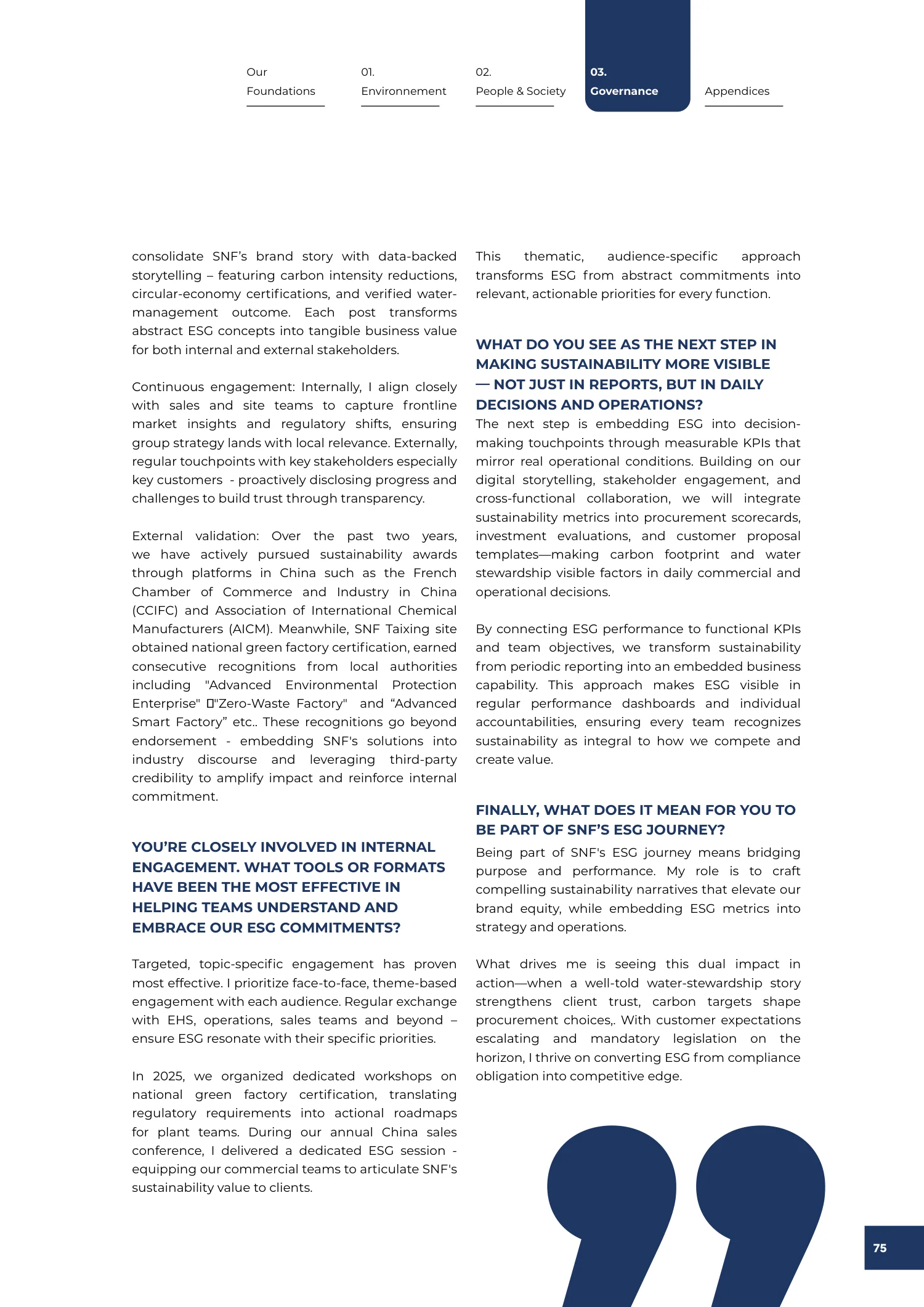 Page 75 of the SNF 2025 ESG Report: Interview: Making Ethics a Competitive Advantage