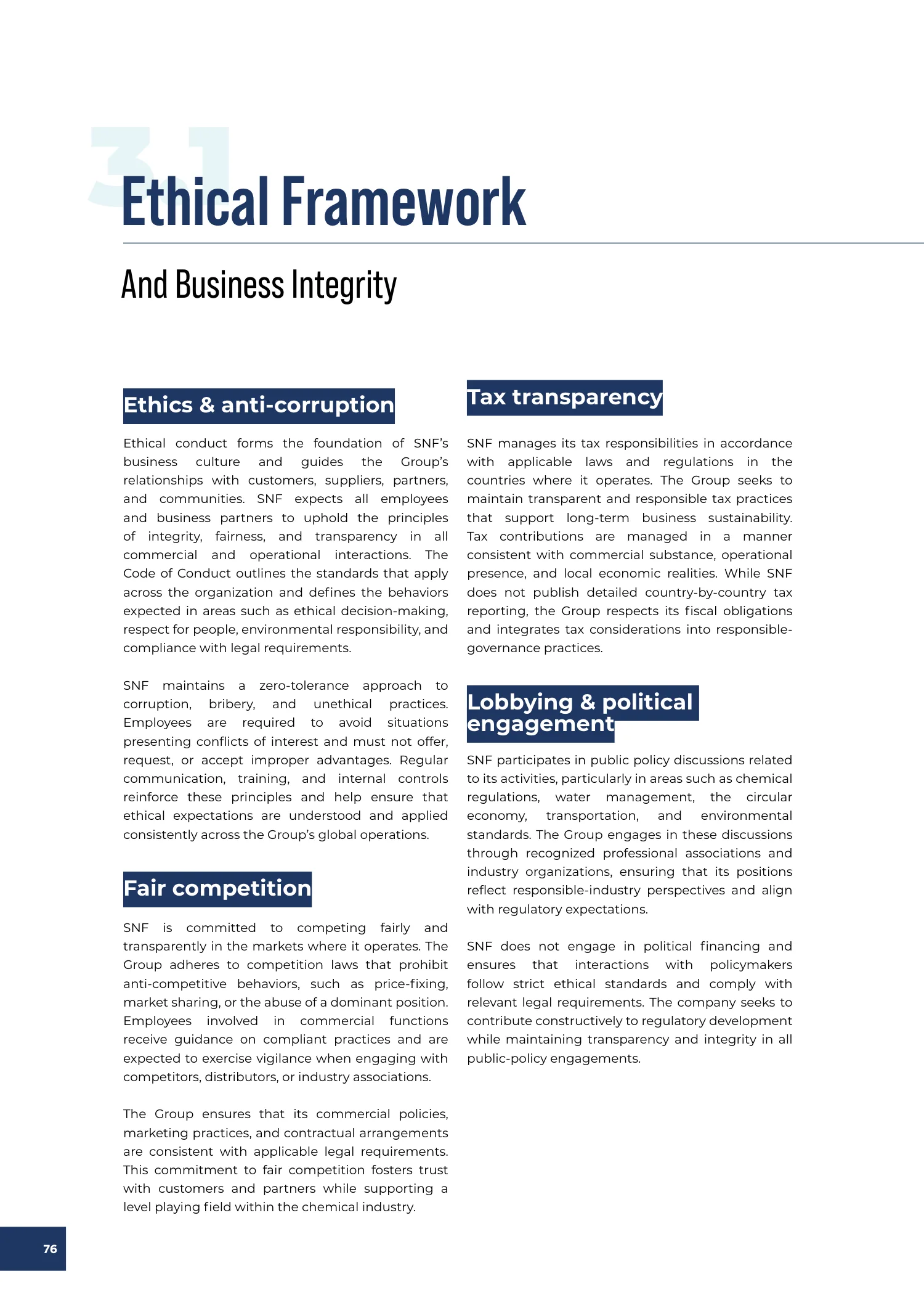 Page 76 of the SNF 2025 ESG Report: 3.1 Ethical Framework and Business Integrity