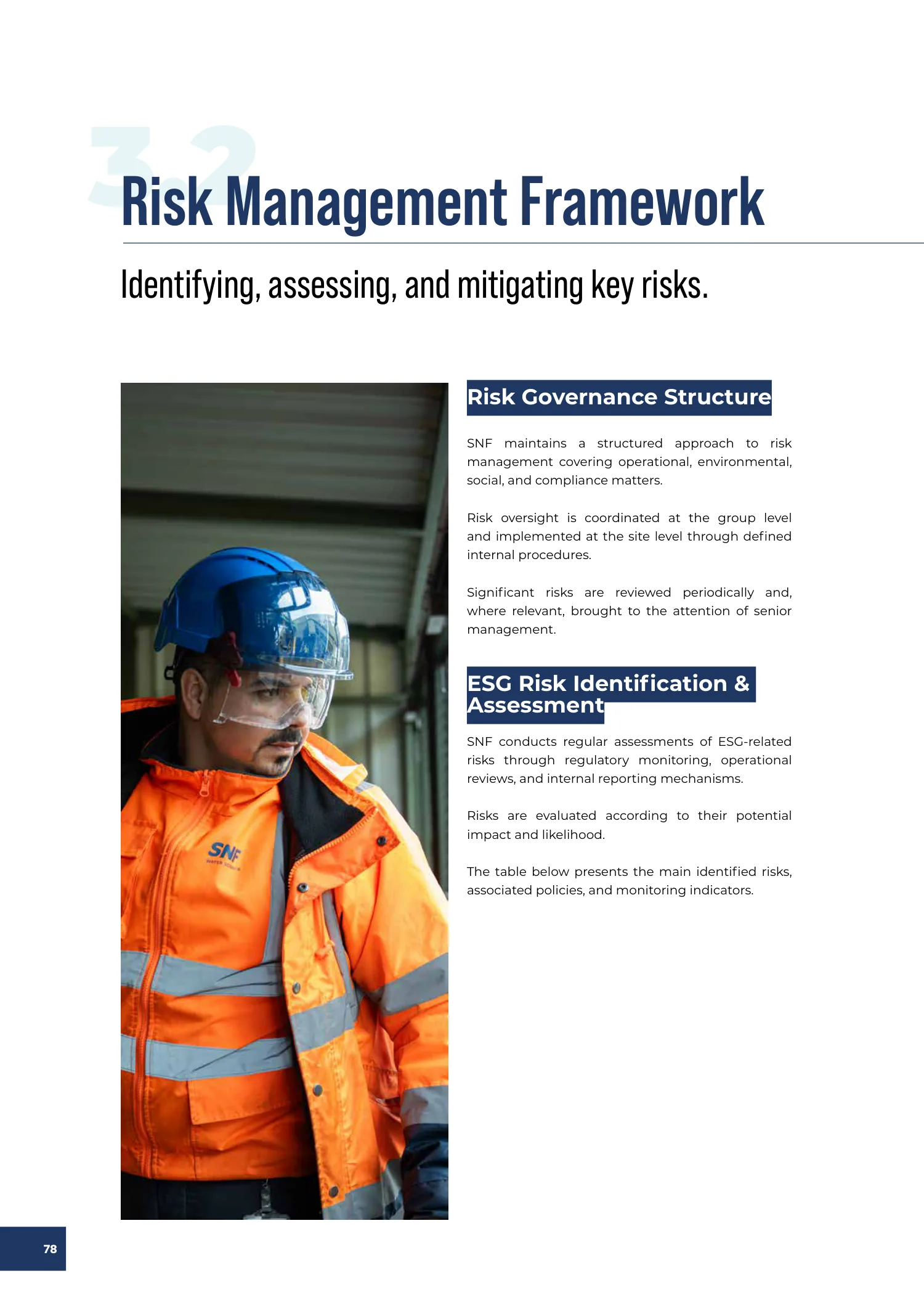 Page 78 of the SNF 2025 ESG Report: 3.2 Risk Management Framework