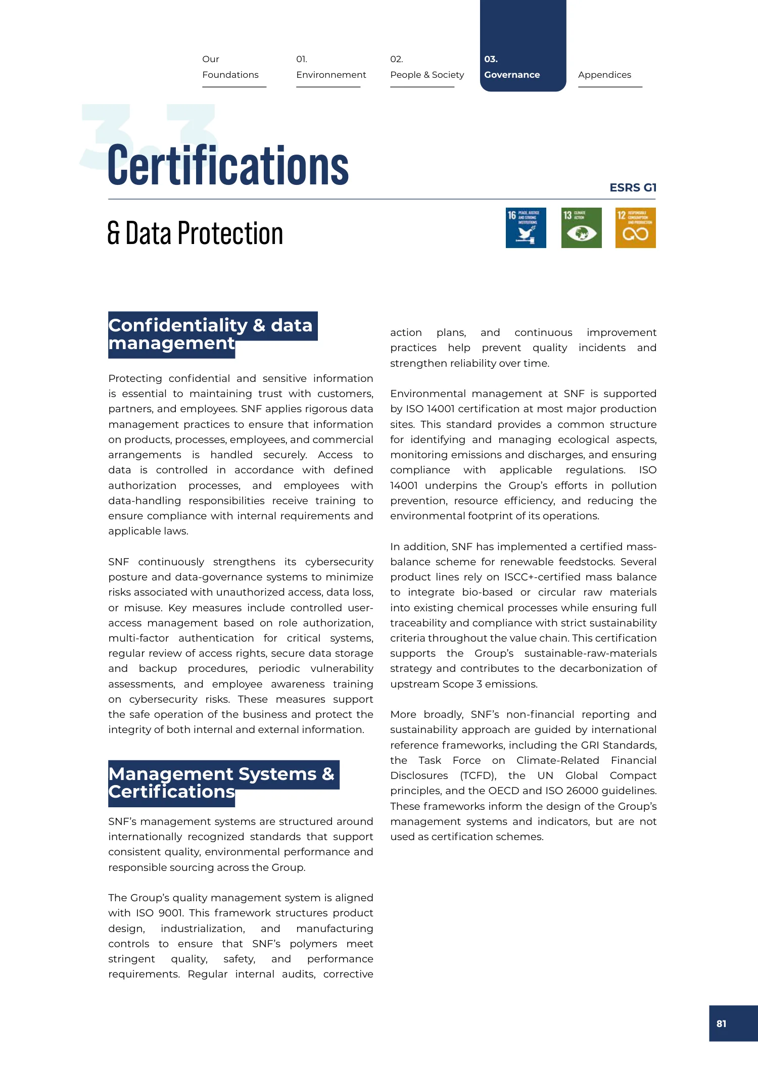 Page 81 of the SNF 2025 ESG Report: 3.3 Certifications and Data Protection