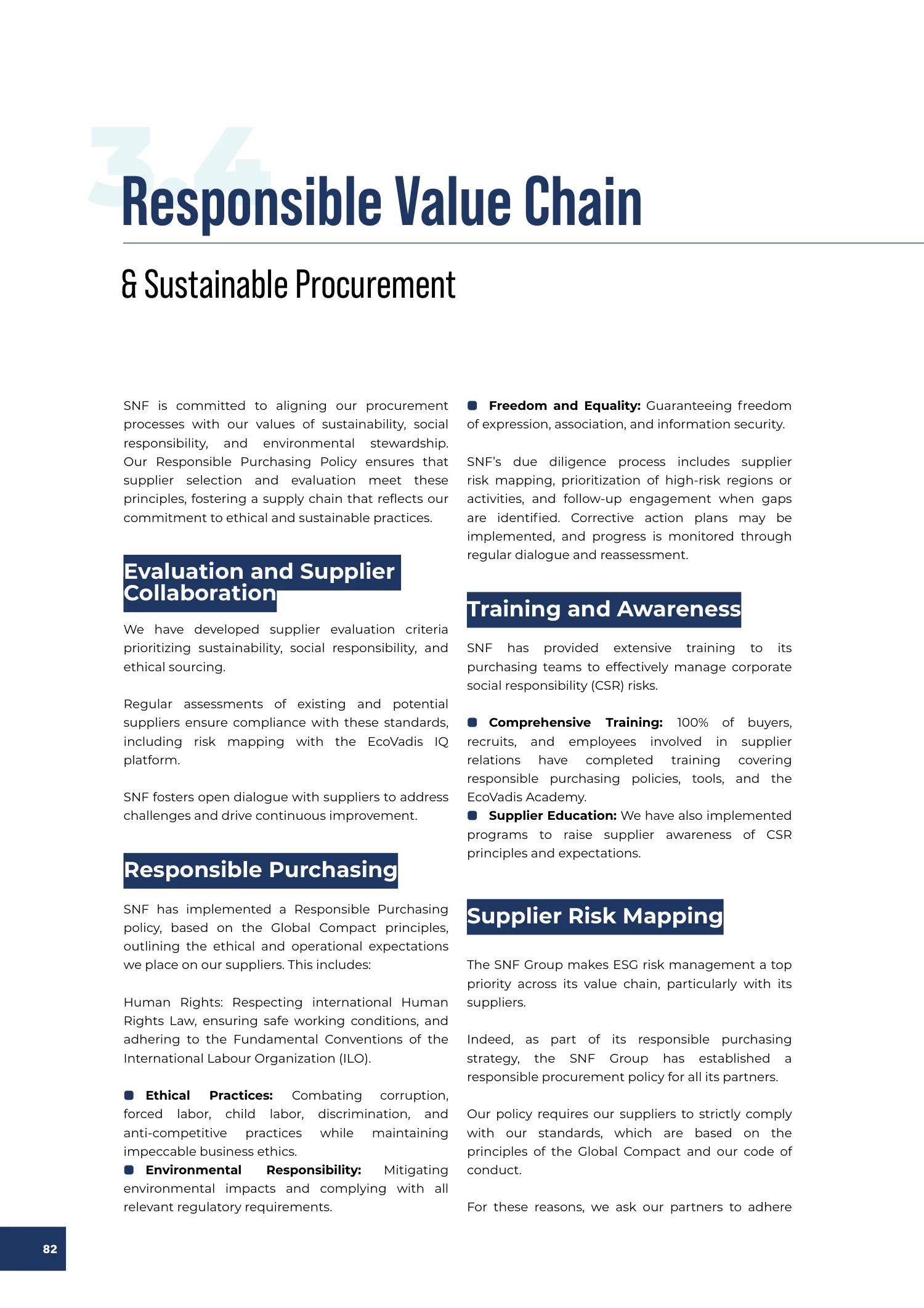 Page 82 of the SNF 2025 ESG Report: 3.4 Responsible Value Chain and Sustainable Procurement