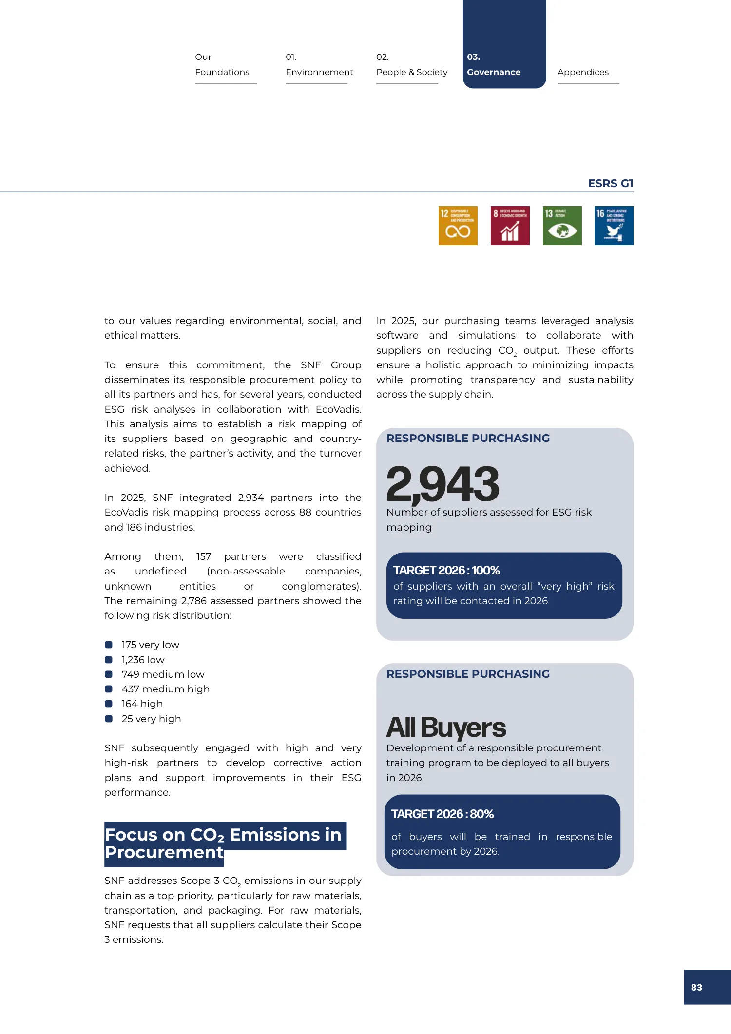 Page 83 of the SNF 2025 ESG Report: 3.4 Responsible Value Chain and Sustainable Procurement