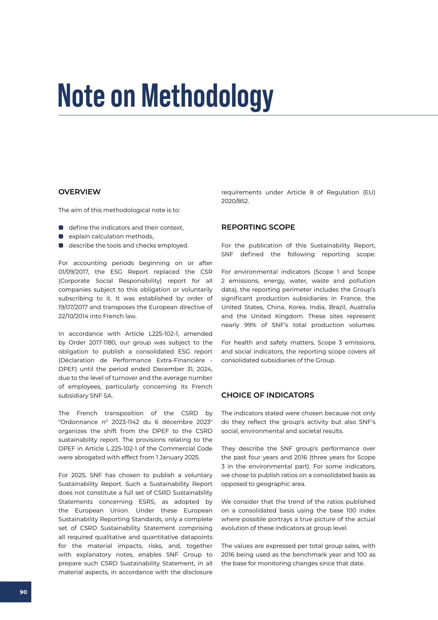 Page 90 of the SNF 2025 ESG Report: Note on Methodology