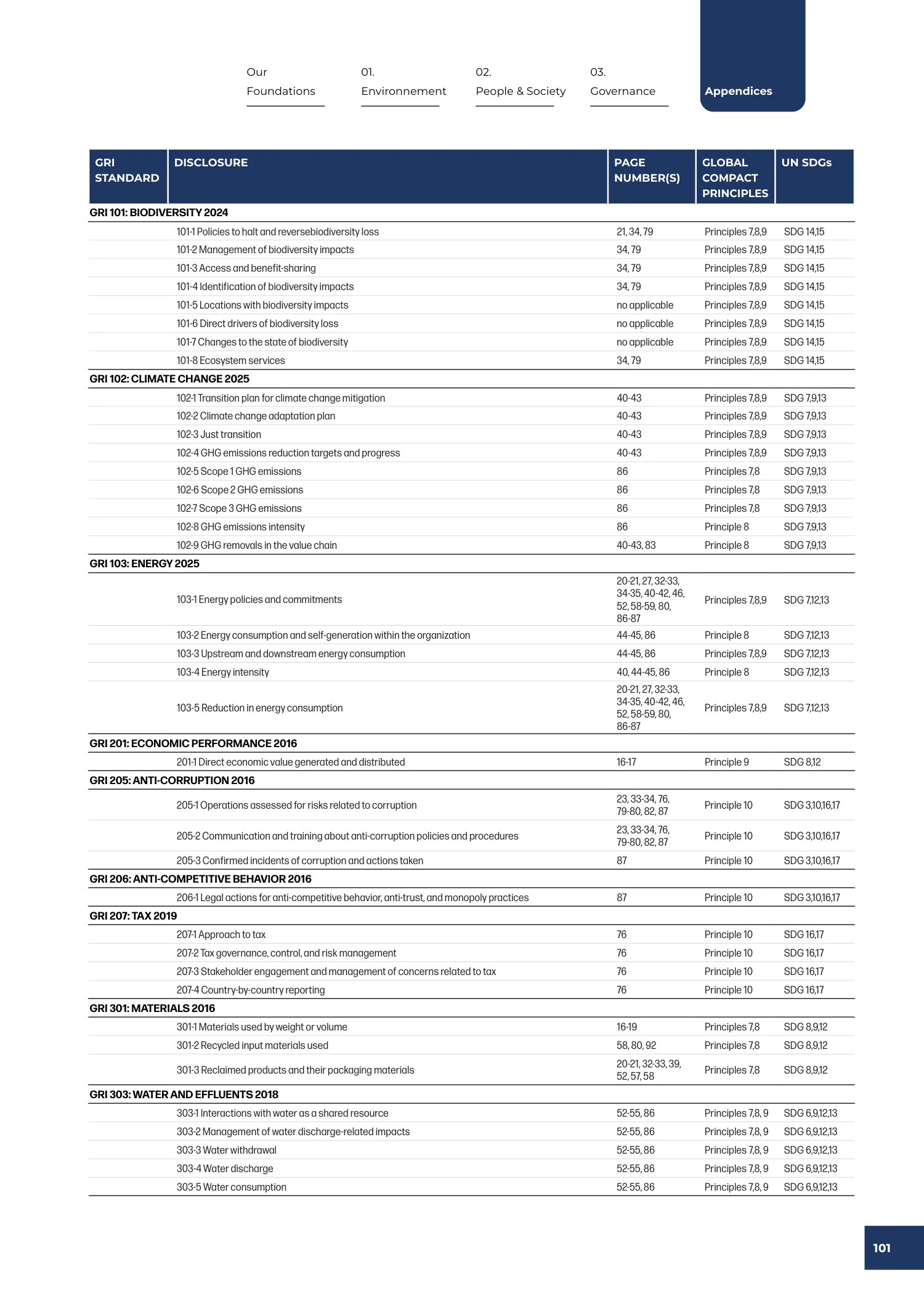 Page 101 of the SNF 2025 ESG Report: GRI Content Index
