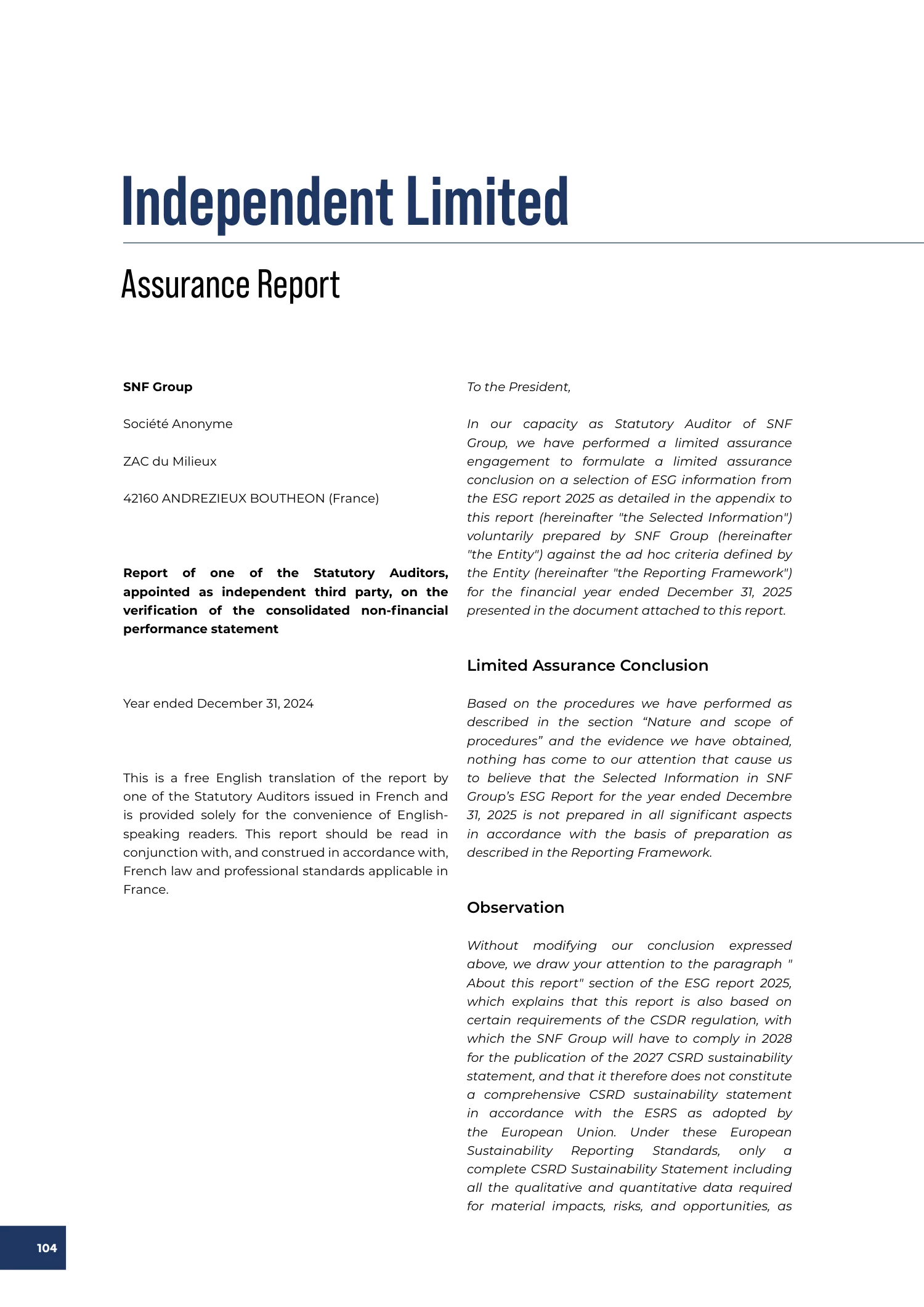 Page 104 of the SNF 2025 ESG Report: Independent Limited Assurance Report
