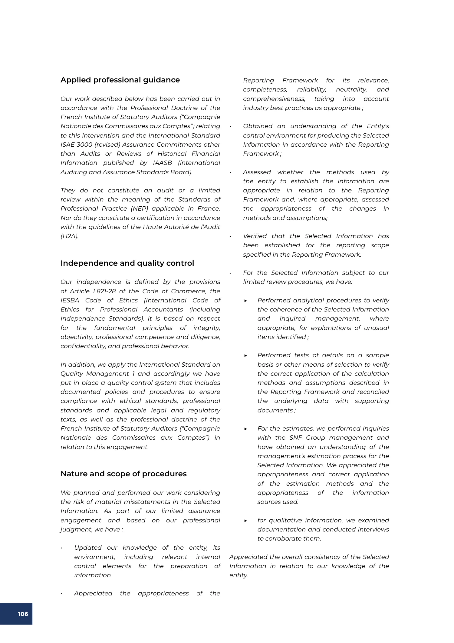 Page 106 of the SNF 2025 ESG Report: Independent Limited Assurance Report