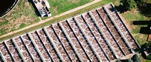 Aerial photo of wastewater treatment tanks